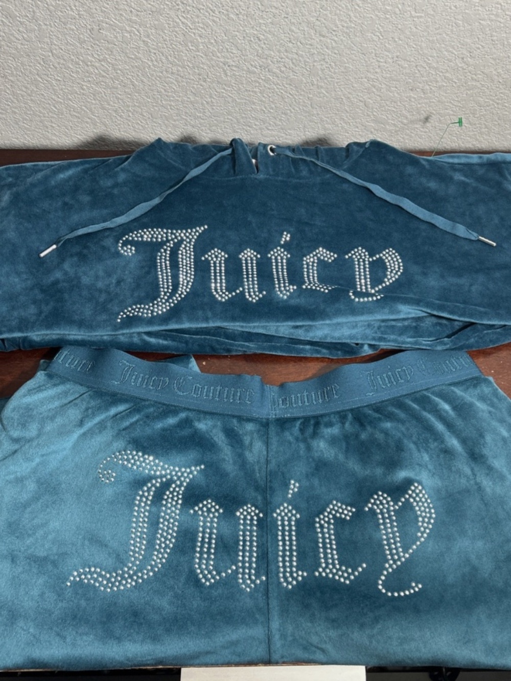JUICY COUTURE Velour Lounge Sleep Tracksuit Set Dark Teal MEDIUM Crop Hoodie